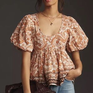 Anthropologie Orange Paisley Puff Sleeve Top